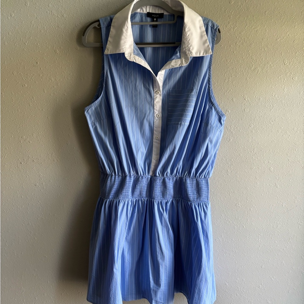 Aqua Light Blue Pinstripe Shirt Dress with White Collar